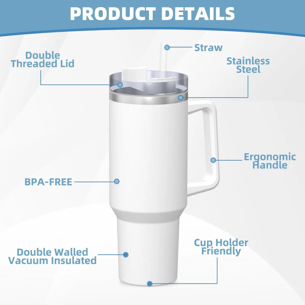 A white stainless steel travel tumbler mug with a double threaded lid and ergonomic handle.