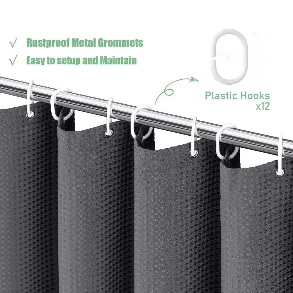 Black waterproof shower curtain with metal grommets and plastic hooks for hanging