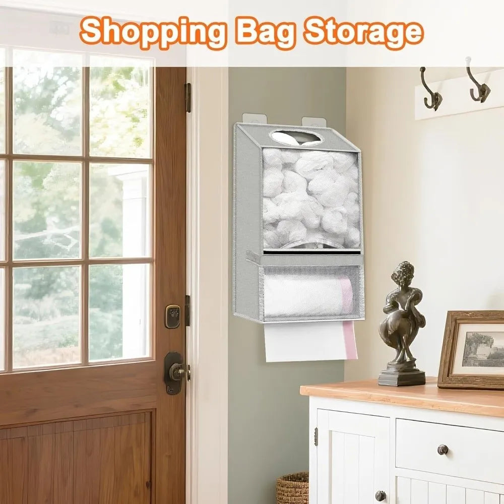 A silver wall-mounted organizer for storing shopping bags, featuring mesh compartments and a fabric pouch.