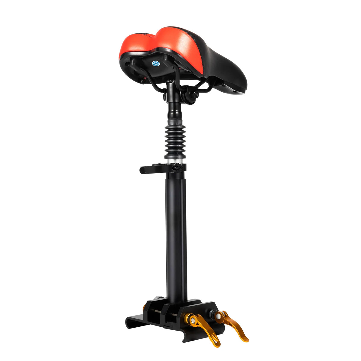 Black adjustable folding seat with orange accents for an electric scooter.