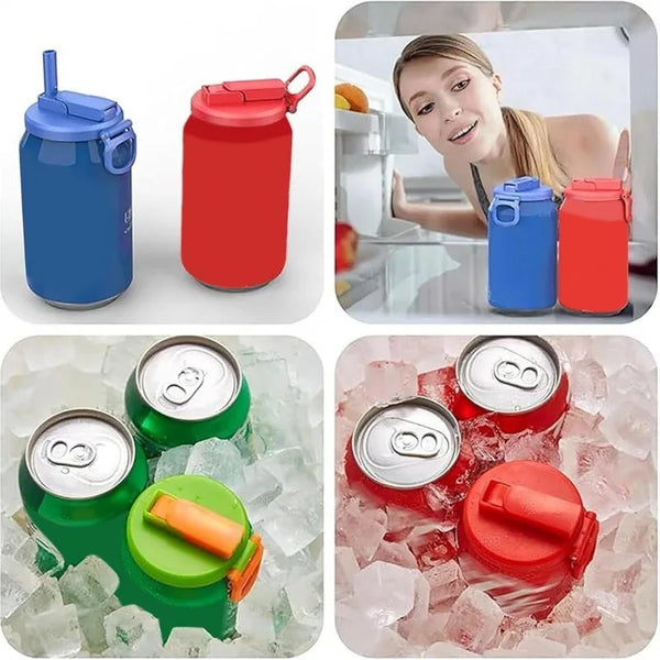 Reusable silicone soda can lids and straws in blue and red colors shown with a soda can.