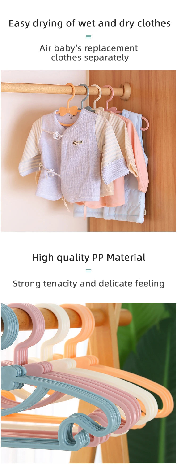 A collection of light-colored plastic clothes hangers for baby and child clothing.