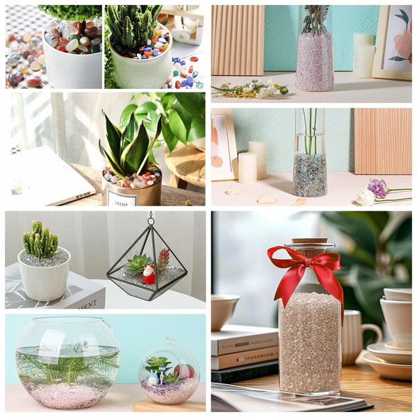 A collection of natural healing crystals and stones displayed in various glass and ceramic containers for meditation and deco
