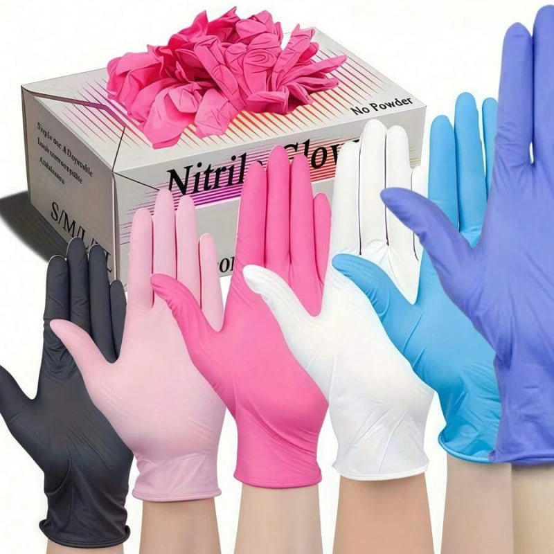 A variety of disposable nitrile cleaning gloves in pink, white, blue, and purple are displayed next to a box.