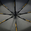 A black heavy duty automatic windproof umbrella open, showing the spokes and canopy.