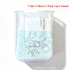 A set of disposable cotton face towels packaged in a clear plastic container featuring a floral design.