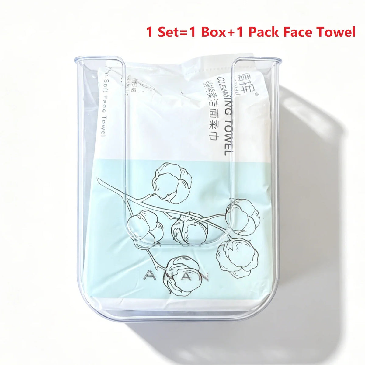 A set of disposable cotton face towels packaged in a clear plastic container featuring a floral design.