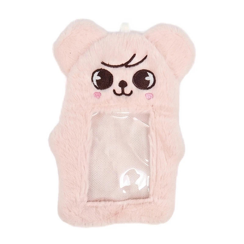 A pink plush doll storage bag featuring an animal face design and a clear plastic window.