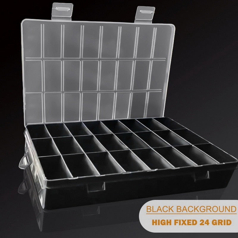 Clear plastic storage box with a lid and a grid insert for organizing small items like jewelry and beads.