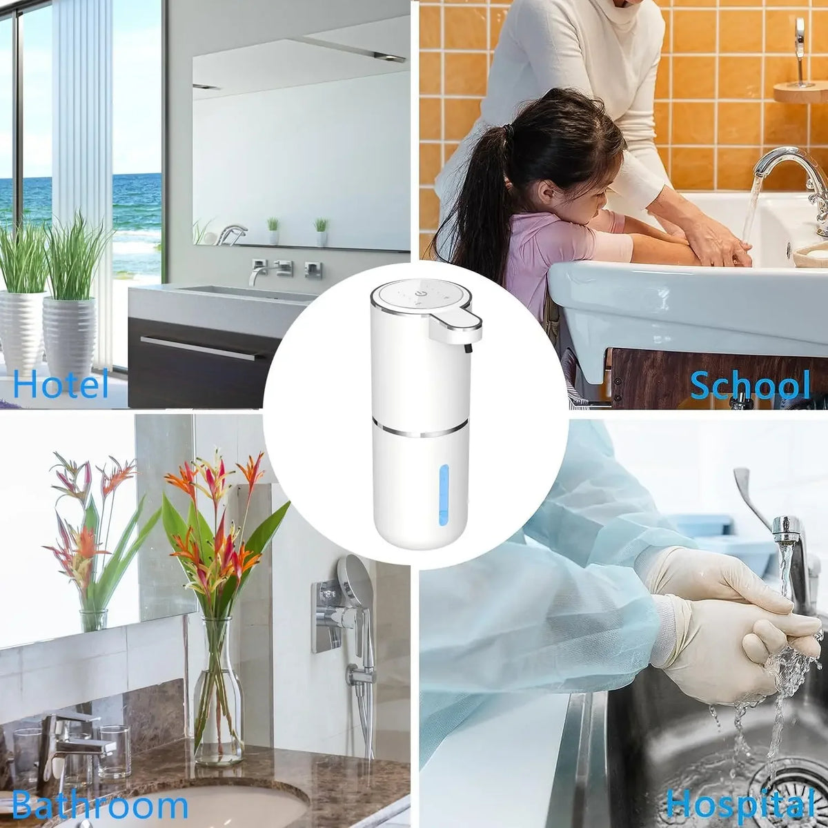 A white touchless electric soap dispenser is shown in various contexts including a hotel, school, bathroom, and hospital sett