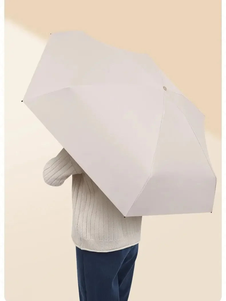Eine Person hält einen weißen, einfarbigen faltbaren Regenschirm vor einem hellen Hintergrund.