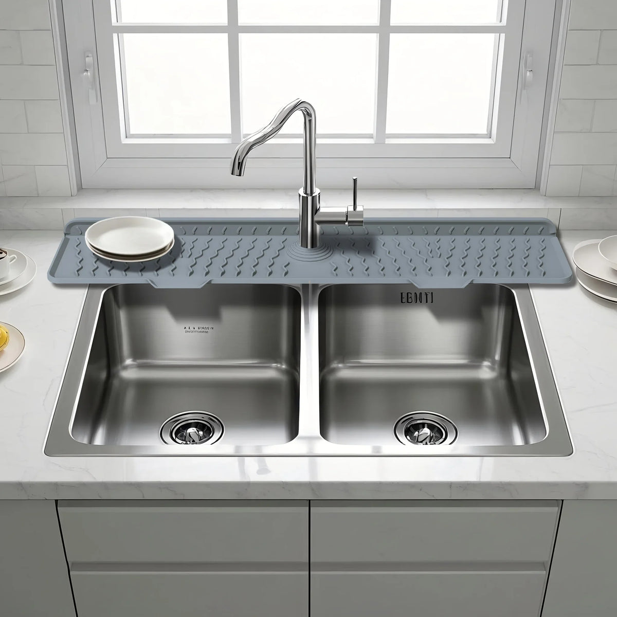 A stainless steel kitchen sink with a modern faucet and a silicone splash guard mat installed on the countertop.