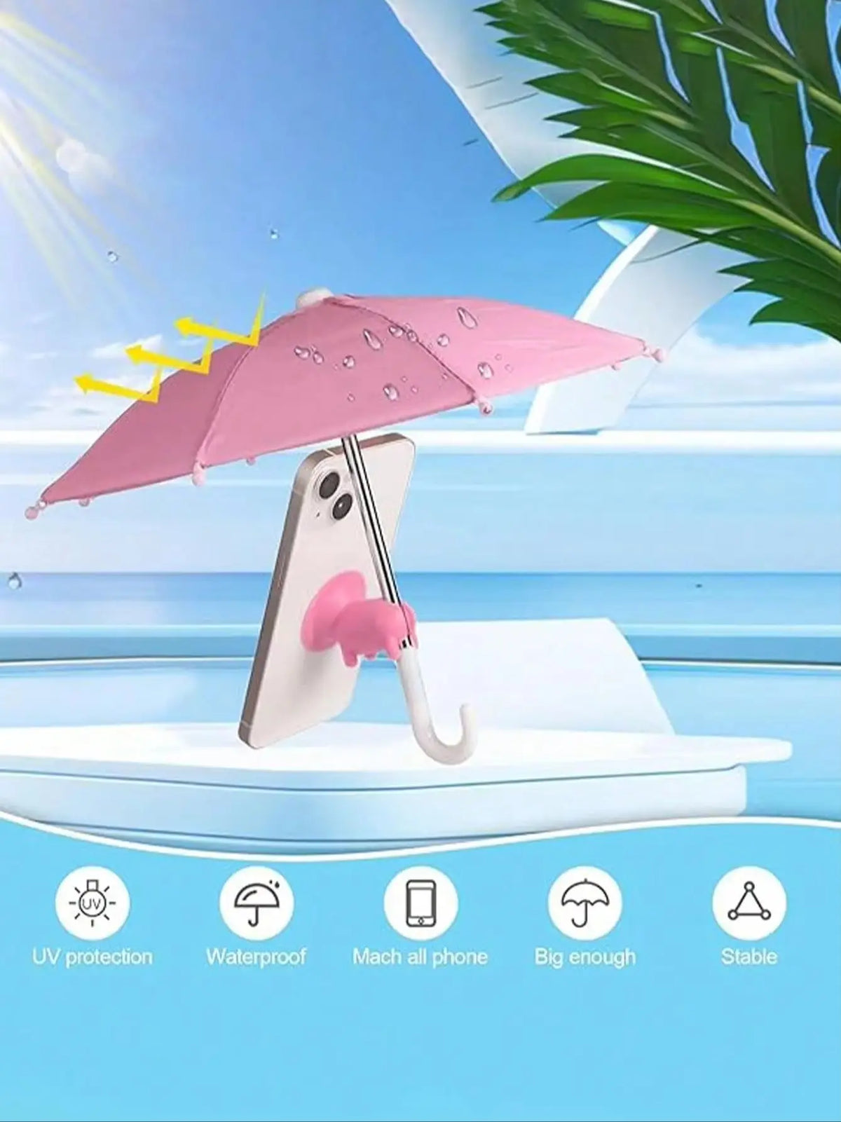 Pink umbrella sunshade with suction cups protecting a smartphone against the sun on water.