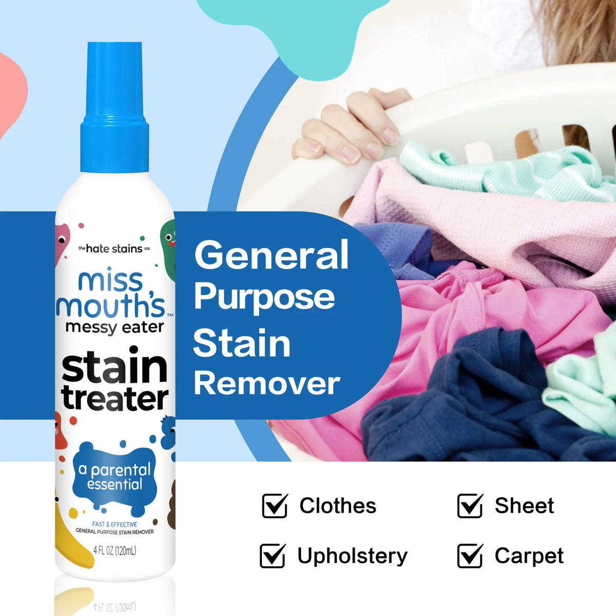 A bottle of Miss Mouths Stain Treater general purpose stain remover spray with a blue cap and white label