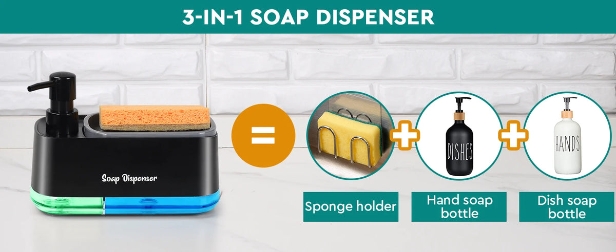 Kit distributeur de savon 3-en-1 : dispositif noir avec support de sponge, bouteille de liquide vaisselle et bouteille de liq