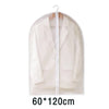 A beige washable clothes hanging dust cover displayed on a hanger.