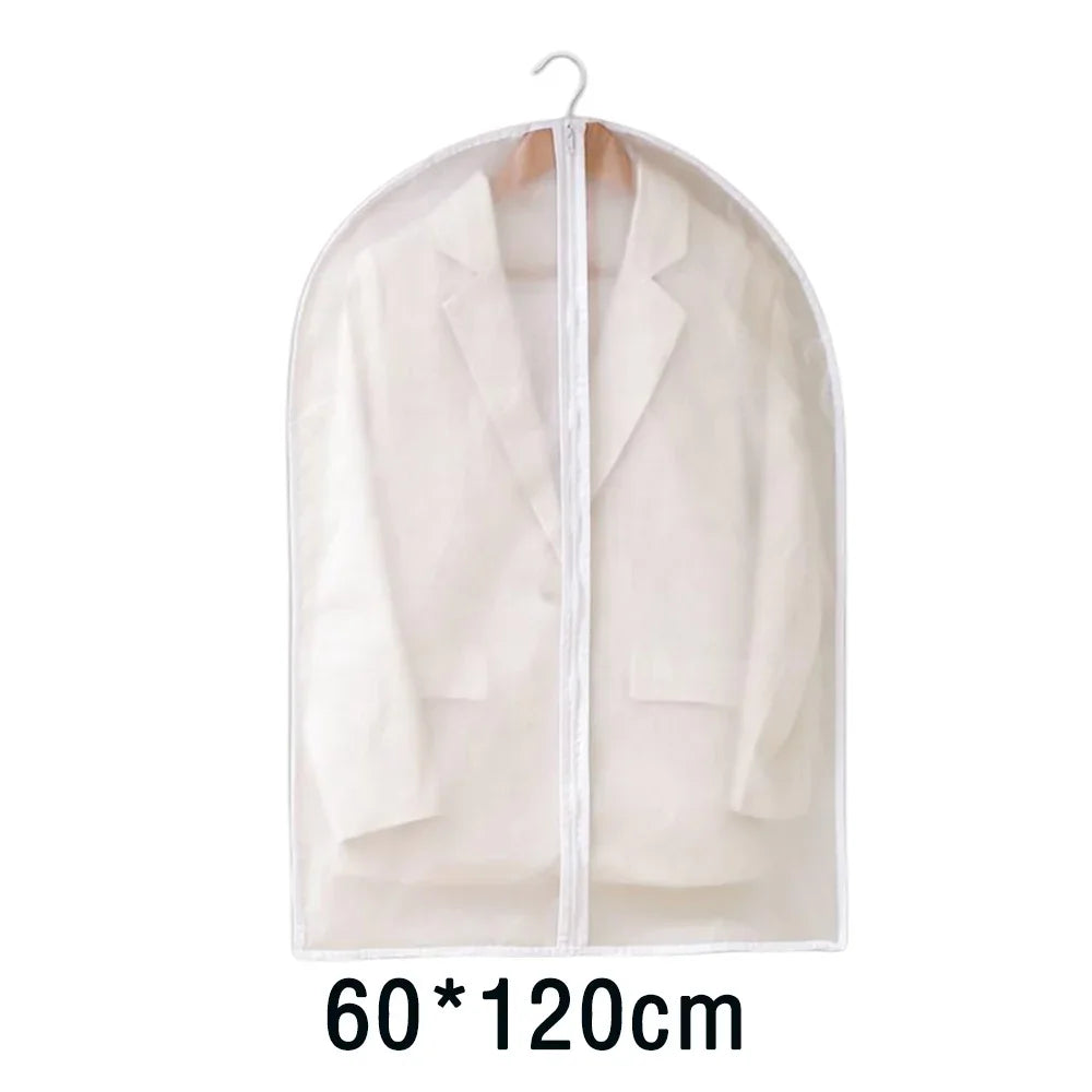 A beige washable clothes hanging dust cover displayed on a hanger.