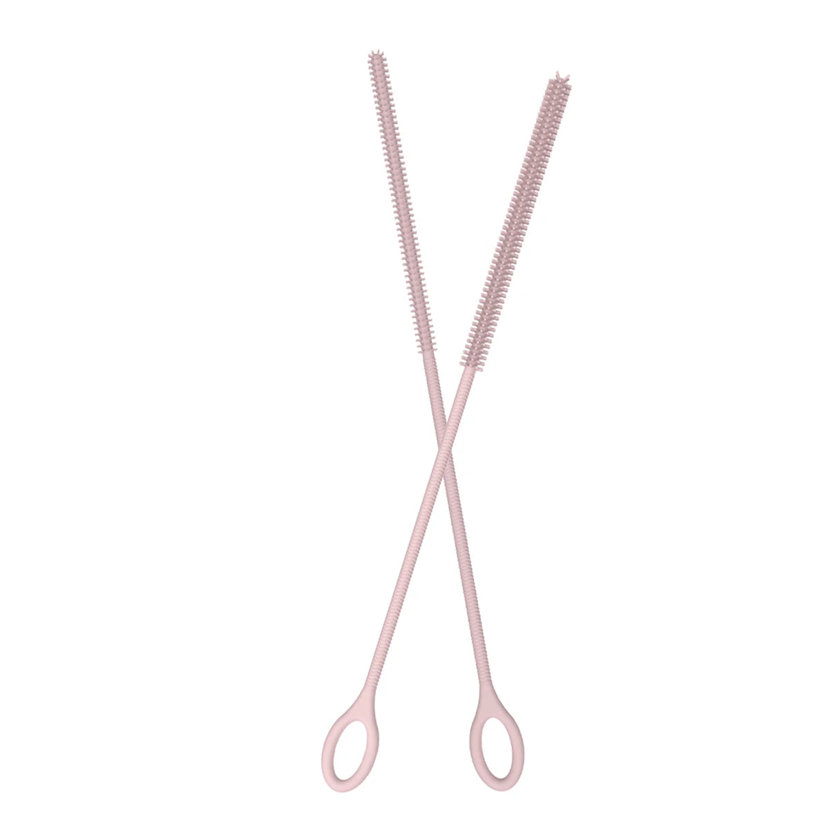 A pair of pink dual silicone straw cleaning brushes with long, thin bristles.