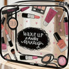 A clear cosmetic storage pouch filled with various makeup items including mascara, lip gloss, and brushes.