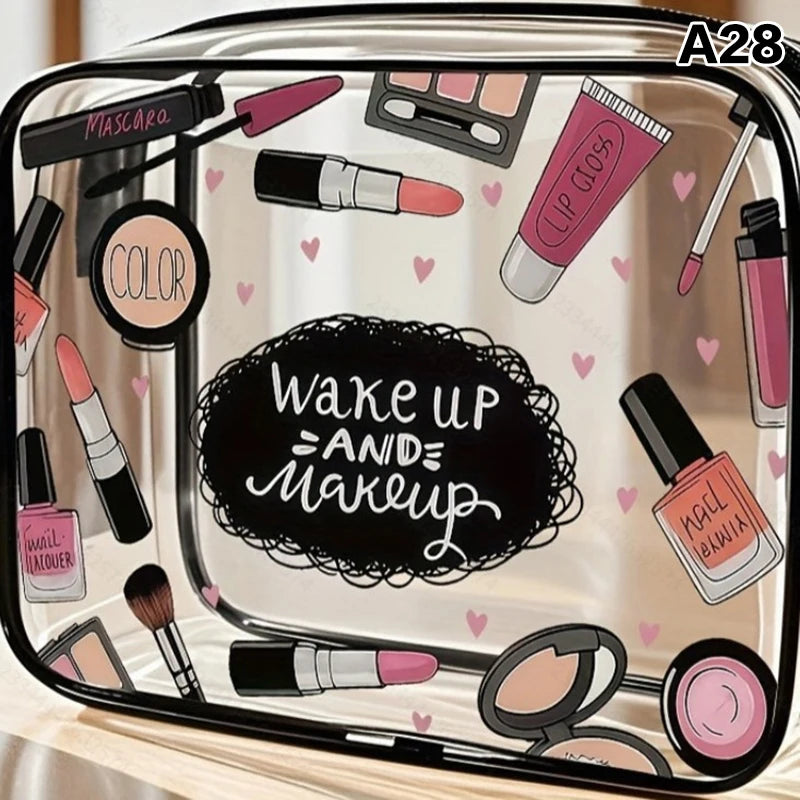 A clear cosmetic storage pouch filled with various makeup items including mascara, lip gloss, and brushes.