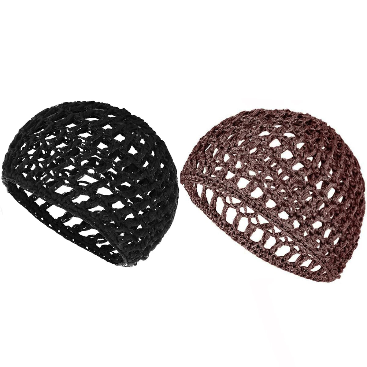 A pair of adjustable mesh wig caps, one black and one brown, for hair and turban wear.