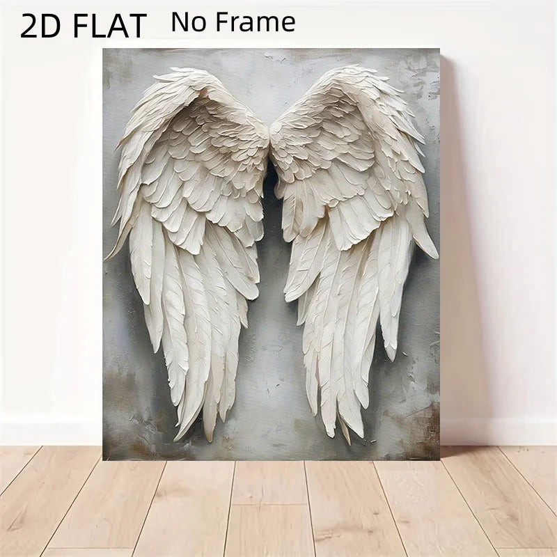 Œuvre d'art murale en toile plate, représentant une paire d'ailes d'ange blanches sur fond gris