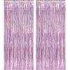 Rose gold foil tinsel fringe curtain backdrop set with shimmering purple and pink strands