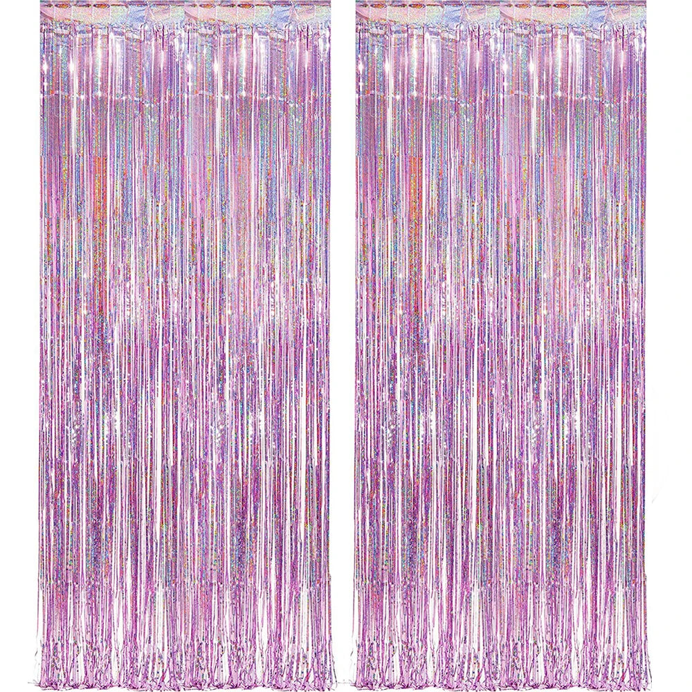 Rose gold foil tinsel fringe curtain backdrop set with shimmering purple and pink strands