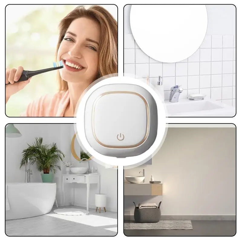 A portable UV electric toothbrush cleaner device is shown in various contexts, including a woman using it and its placement n