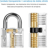A transparent lock with a double cylinder mechanism and brass key shown next to its disassembled components.
