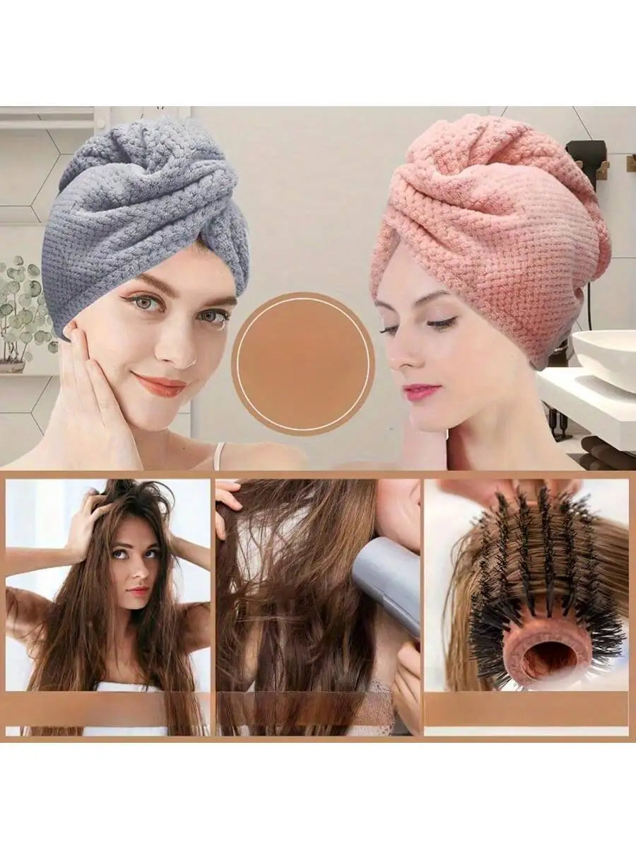 Close-up of a woman wearing a pink microfiber hair drying towel wrap and another woman with long brown hair using the towel.