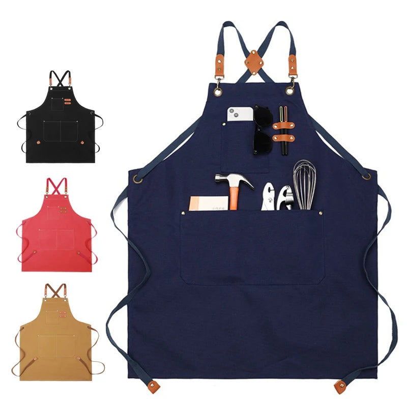 Navy blue durable lightweight kitchen apron with tool pockets and leather straps