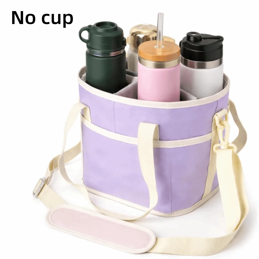 Sac isotherme violet avec porte-gobelet en silicone et thermos en métal.