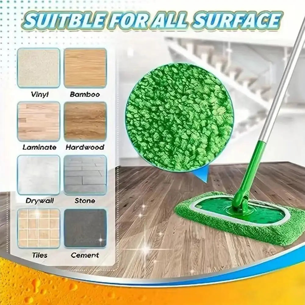 A reusable microfiber swiffer mop cloth is shown with various surface types it is suitable for, including vinyl, bamboo, lami