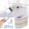 A set of 10 purple and white portable foldable clothes hangers displayed next to a hand and a person icon.