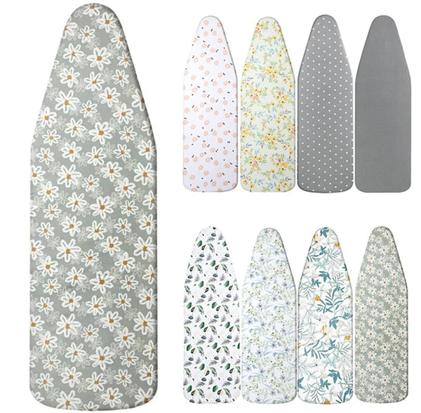 A set of five heavy duty ironing board covers featuring floral and polka dot patterns in shades of green, white, and gray.