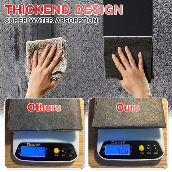 Comparison of thickened design cleaning cloths, showing a hand wiping a surface and a product demonstration.