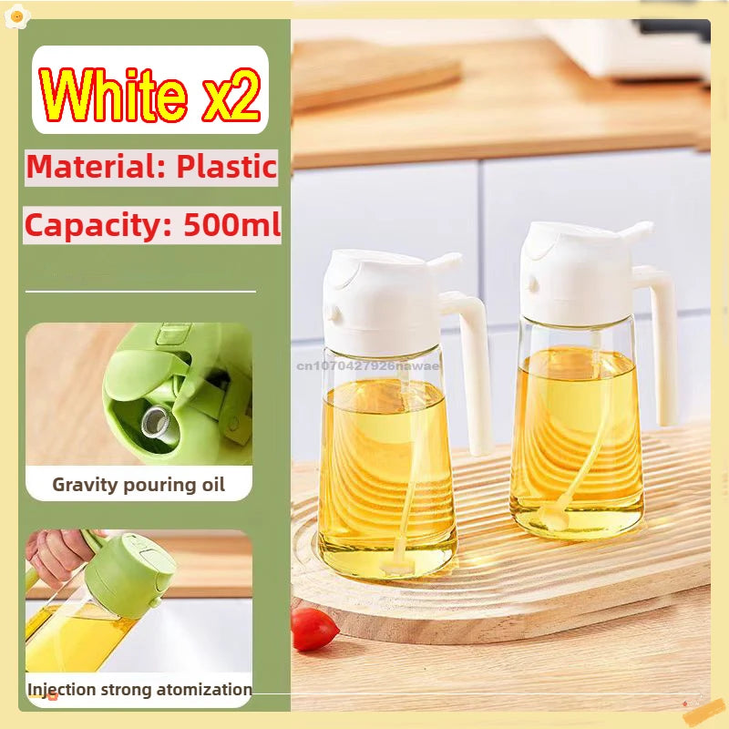 White plastic oil spray bottles with 500ml capacity demonstrating gravity pouring and strong atomization.