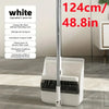 A white broom and dustpan set with extended scraper teeth is shown standing on a floor.