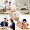Collage d'une horloge murale moderne en forme de lune dans divers environnements domestiques : cuisine, salon, bureau et cham
