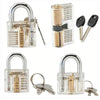 A set of transparent locksmith practice keys and a lock, including a large padlock and smaller keys.
