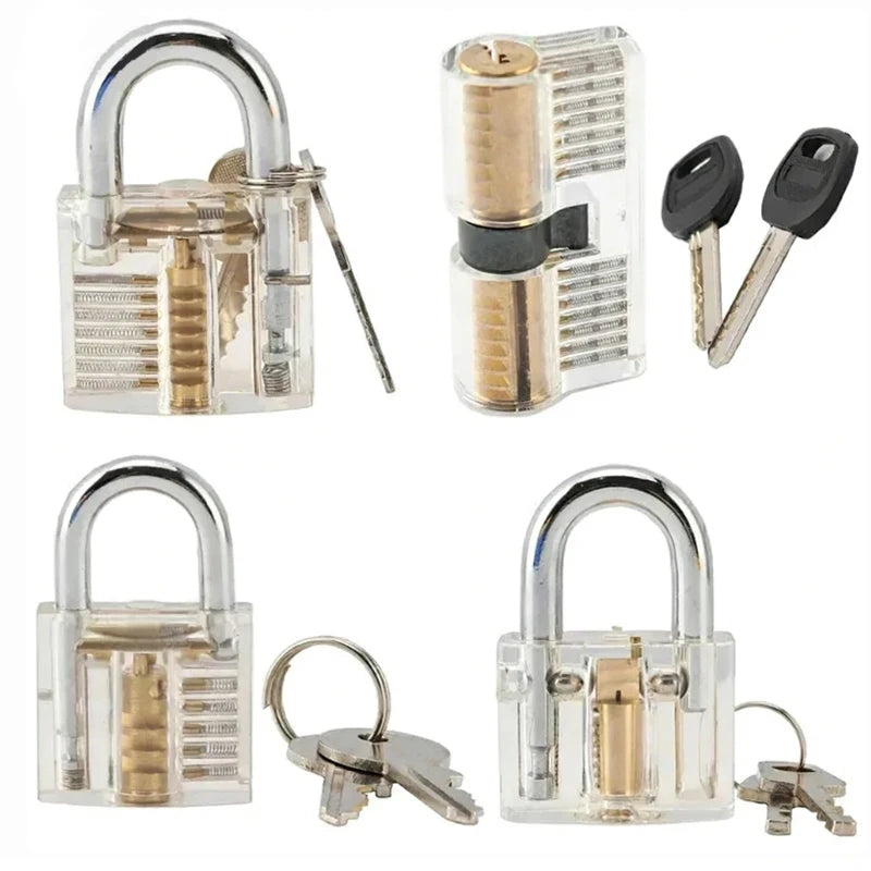 A set of transparent locksmith practice keys and a lock, including a large padlock and smaller keys.