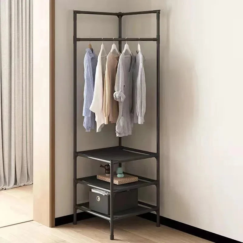 A multi-layer coat rack with a dark metal frame displaying several light-colored coats and featuring storage shelves.