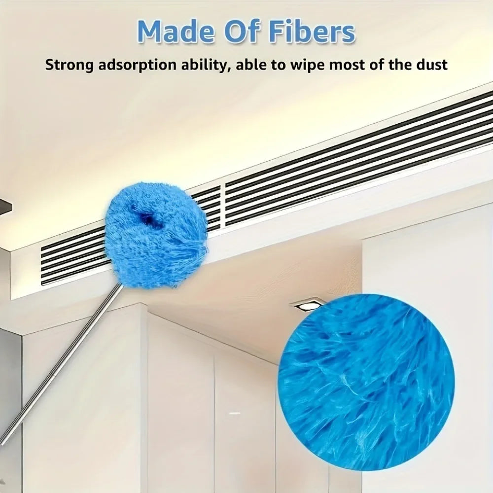 A blue microfiber puff is shown against a white ceiling, demonstrating strong dust absorption.