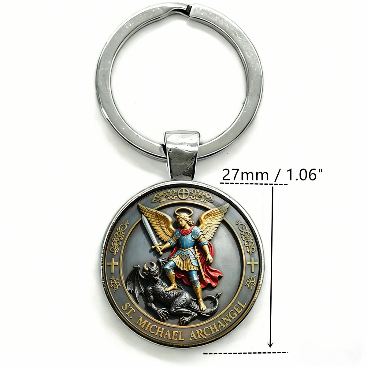 Silver keychain featuring a round medallion depicting the Saint Michael Archangel.
