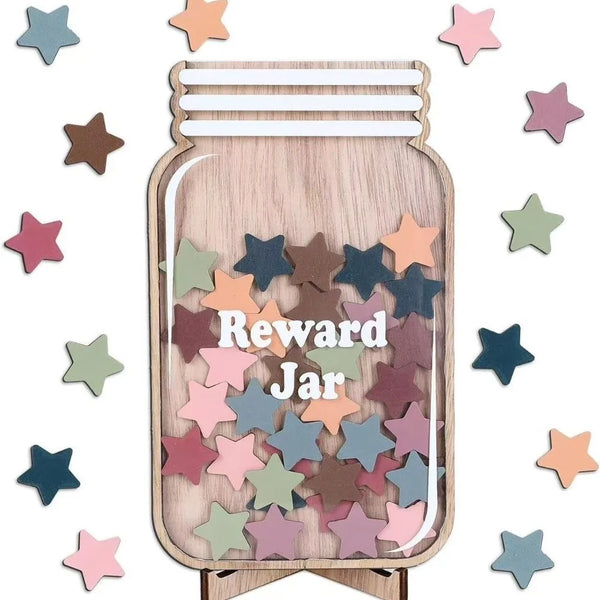 A wooden behavior reward jar filled with colorful star-shaped wooden rewards.
