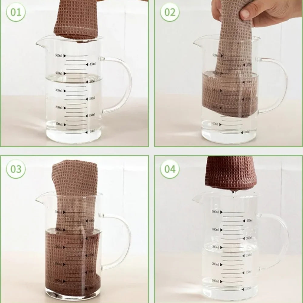 Four steps showing how to fold absorbent 100% cotton waffle weave towels into a glass pitcher
