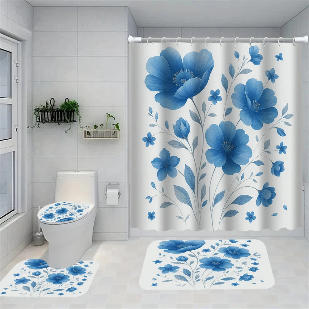 A shower curtain featuring a blue peony floral pattern and a matching bath mat.