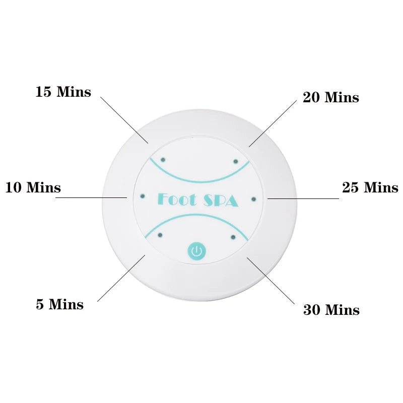 A white electronic foot spa bath massager with time settings ranging from 5 to 30 minutes.
