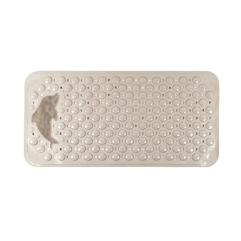A rectangular silicone bath mat with numerous small circular indentations for grip.